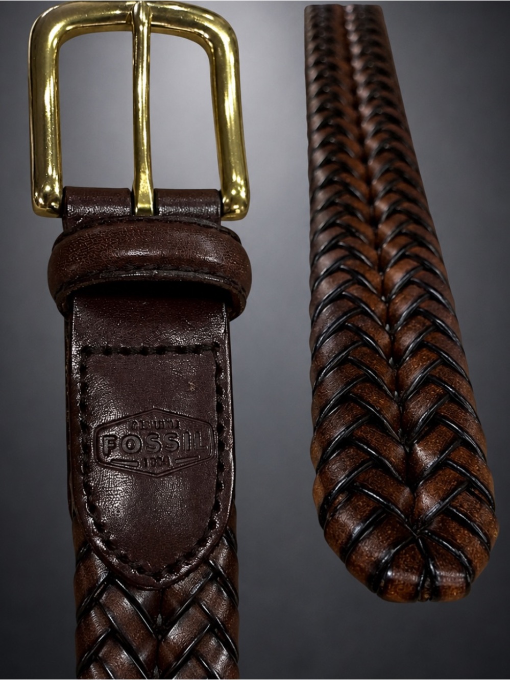 Fossil Vintage Brown Braided Leather Belt Size 34 Brass Buckle LNWT